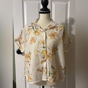 Rachel Roy White Floral Linen Blouse Tropical Beach Vacation Cruise Womens Small